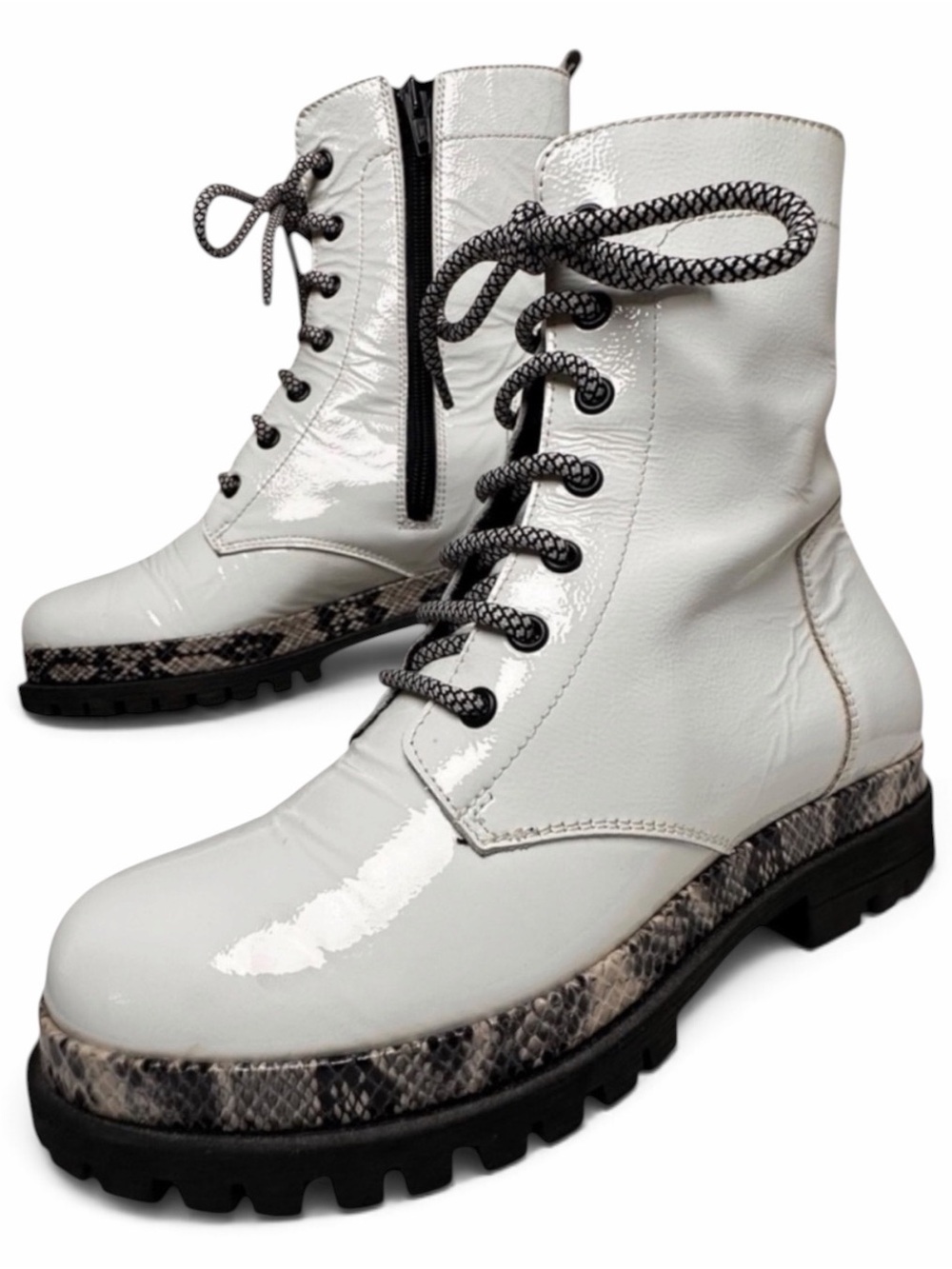 Ateliers Combat Boots White Patent Leather Snake Trim Lug Sole 7